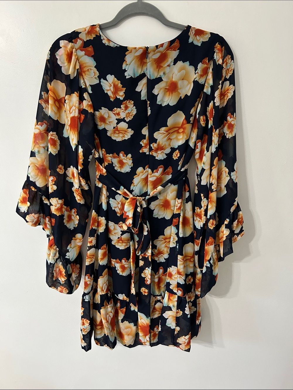 Betsey Johnson Dress Navy Garden Floral Mini Drama Bell Sleeves Fit and Flare - Picture 7 of 16